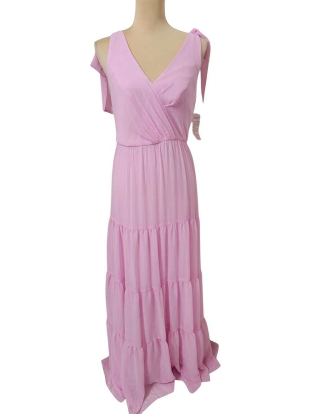Social Bridesmaids Size 8 Powder Pink Bow-Shoulder Faux Wrap Tiered Maxi Dress